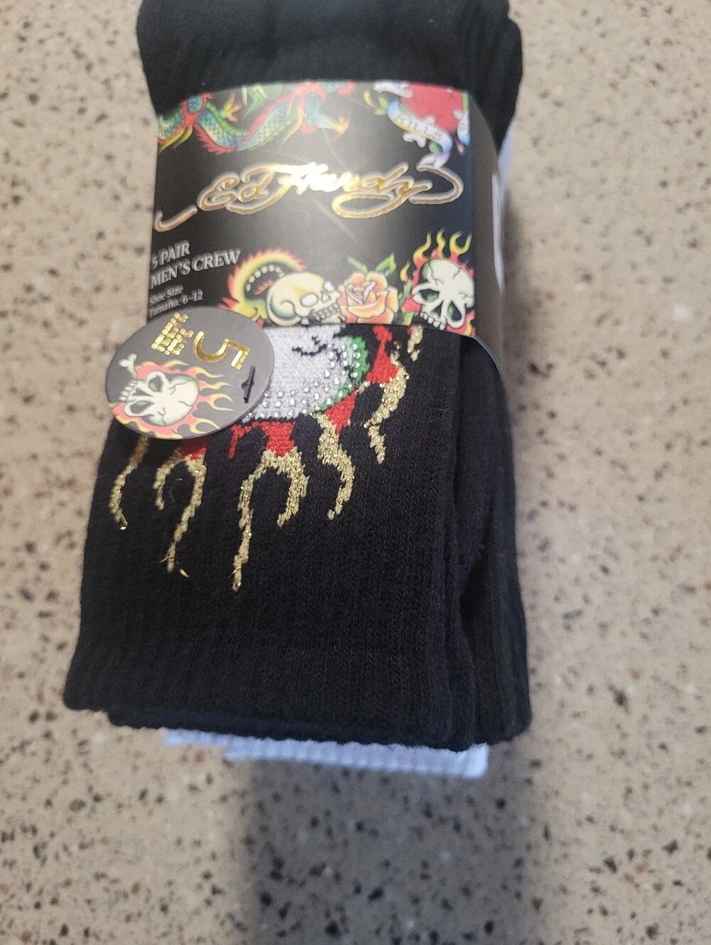 5-Pk Ed Hardy Mens Size 6-12  Cushioned Crew Socks Tattoo Fire Heart Y2K